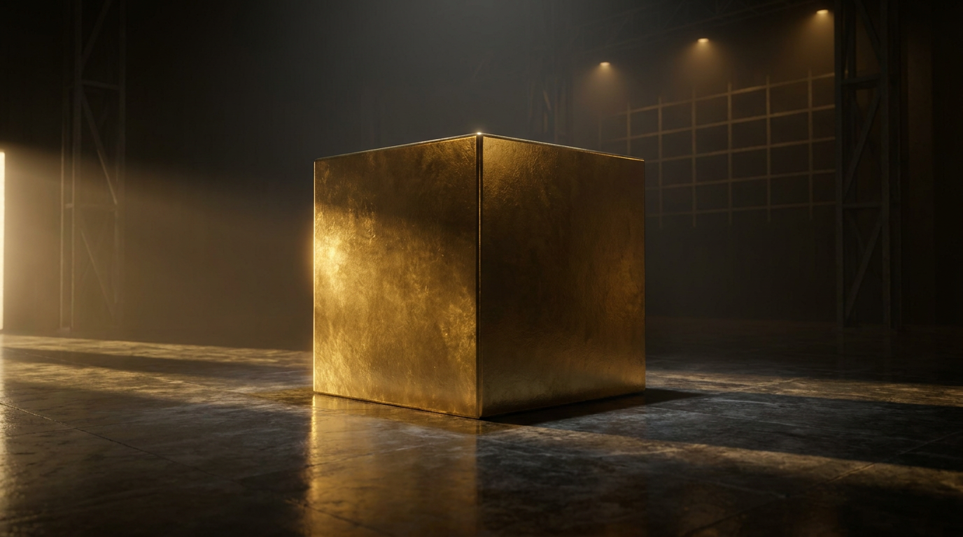 Massiver Goldwürfel in einer dunklen Halle als Symbol für den weltweiten Goldbestand
