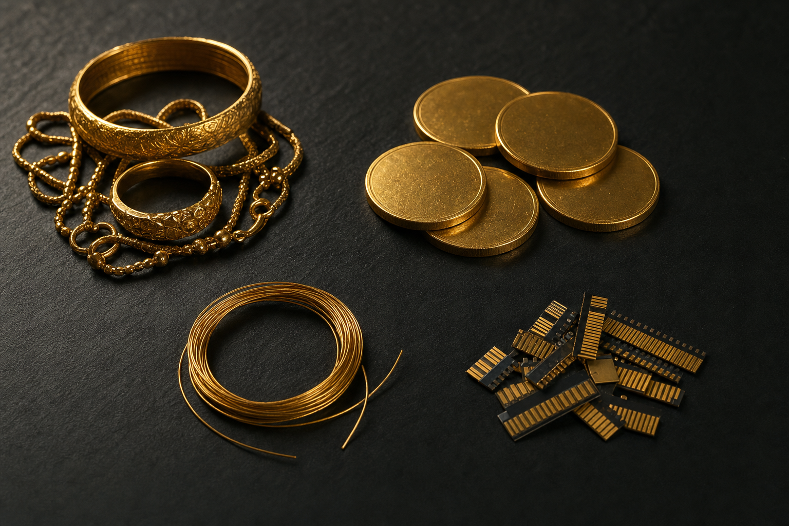 Goldschmuck, Anlagemünzen und Golddraht auf Elektronikkontakten auf dunklem Schiefer