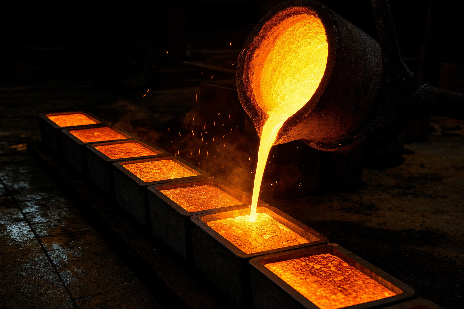 Flüssiges Gold wird in Stahlkokillen gegossen, glühende Barren in einer dunklen Gießerei