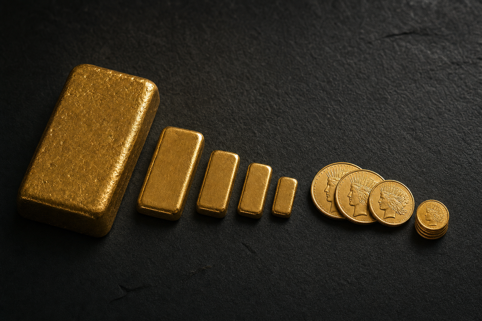 Gold- und Silberformate nach Größe geordnet: großer Barren, Grammbarren, Unzenmünzen und kleine Teilstücke