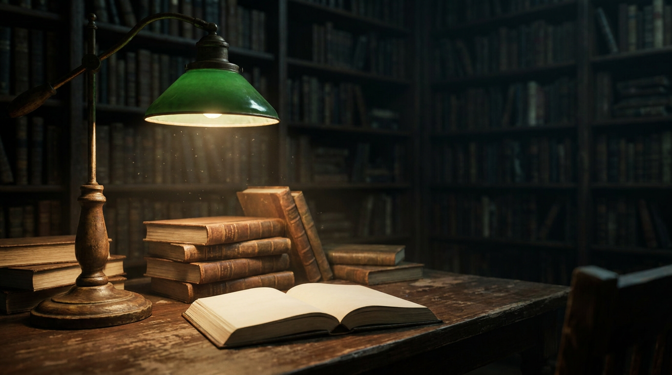Stapel alter Bücher auf einem Holztisch im warmen Licht einer Leselampe