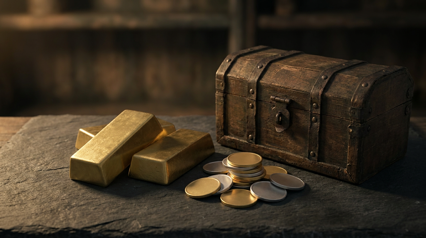 Goldbarren und Münzen auf dunklem Schiefer neben einer alten Holztruhe