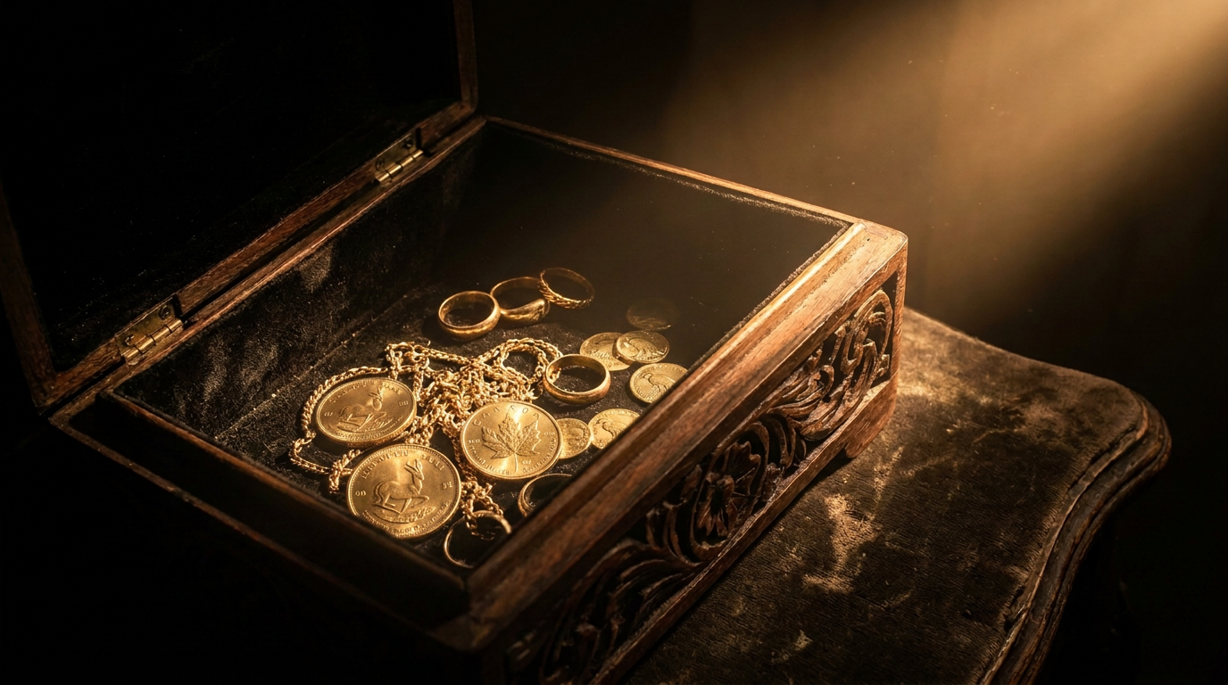 Geöffnete Schmuckkassette mit Goldketten, Ringen und Goldmünzen in warmem Licht