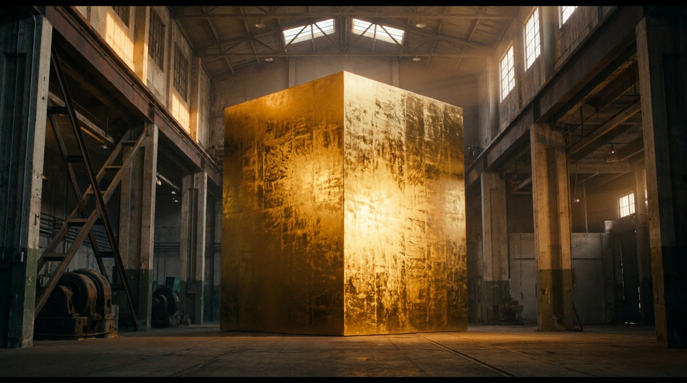 Großer goldener Würfel in einer warm beleuchteten Halle als Größenvergleich für den deutschen Goldbestand
