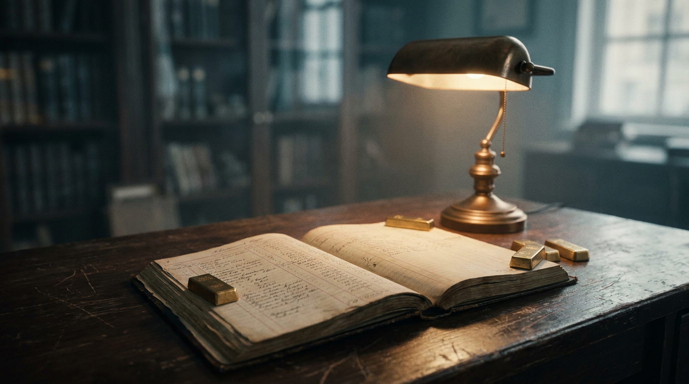 Bilanzdokument und Goldbarren auf einem dunklen Schreibtisch im Licht einer Lampe