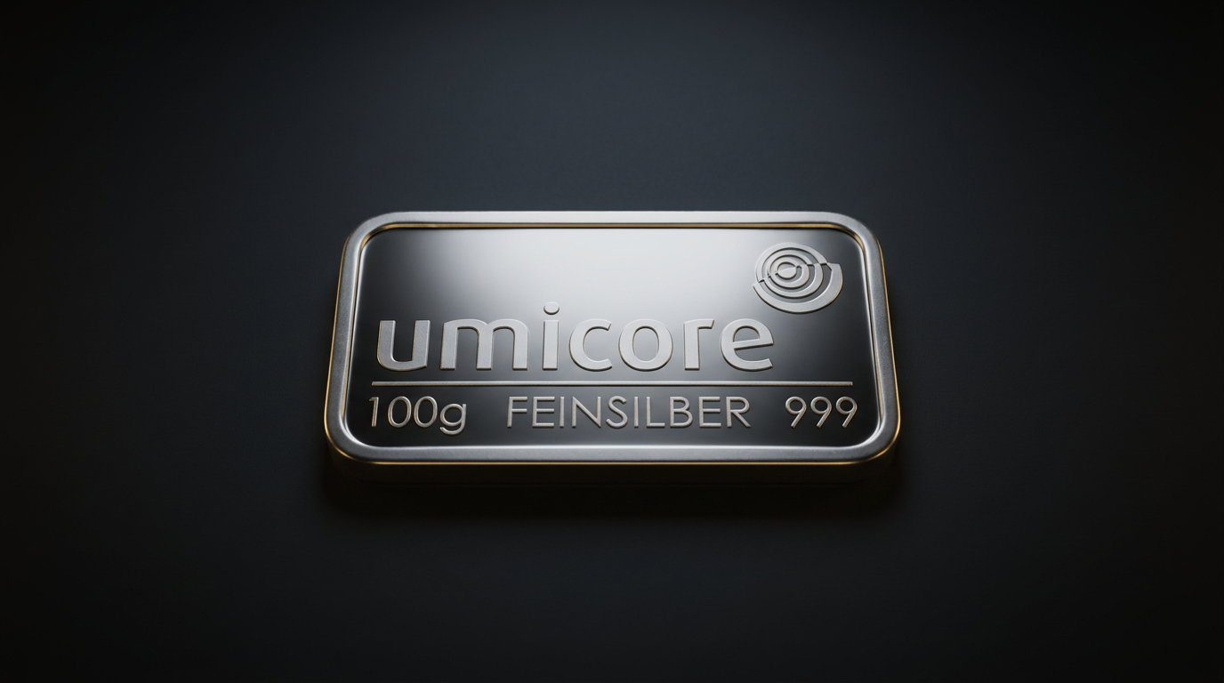 Geprägter 100-Gramm-Silberbarren von Umicore auf dunklem Untergrund