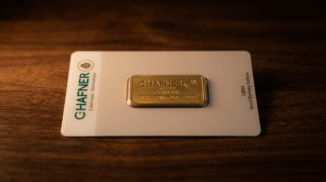 10-Gramm-Goldbarren von C. Hafner in verschweißter Blisterkarte auf dunklem Holz