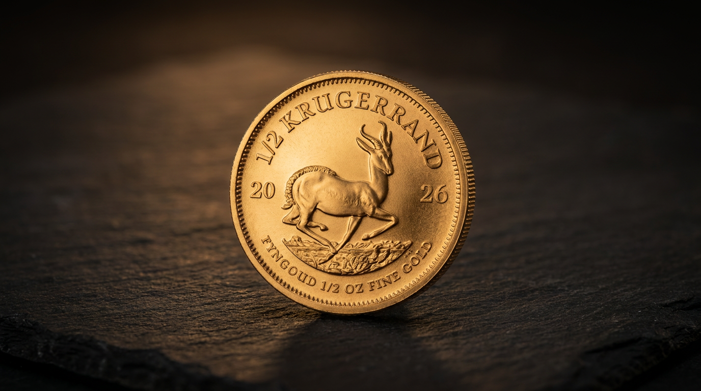 Goldmünze Krügerrand 2026 mit einer halben Unze Feingold auf dunklem Schiefer