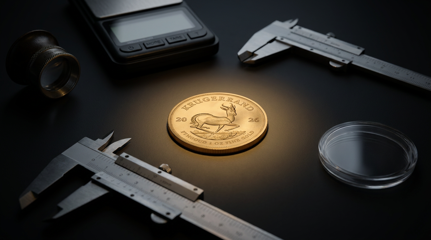 Goldmünze Krügerrand neben Lupe, Feinwaage, Messschieber und Münzkapsel auf dunklem Untergrund