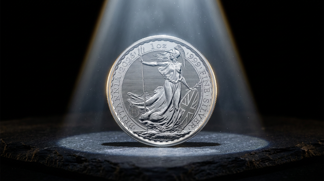 Silbermünze Britannia allein im Lichtkegel auf dunklem Schiefer