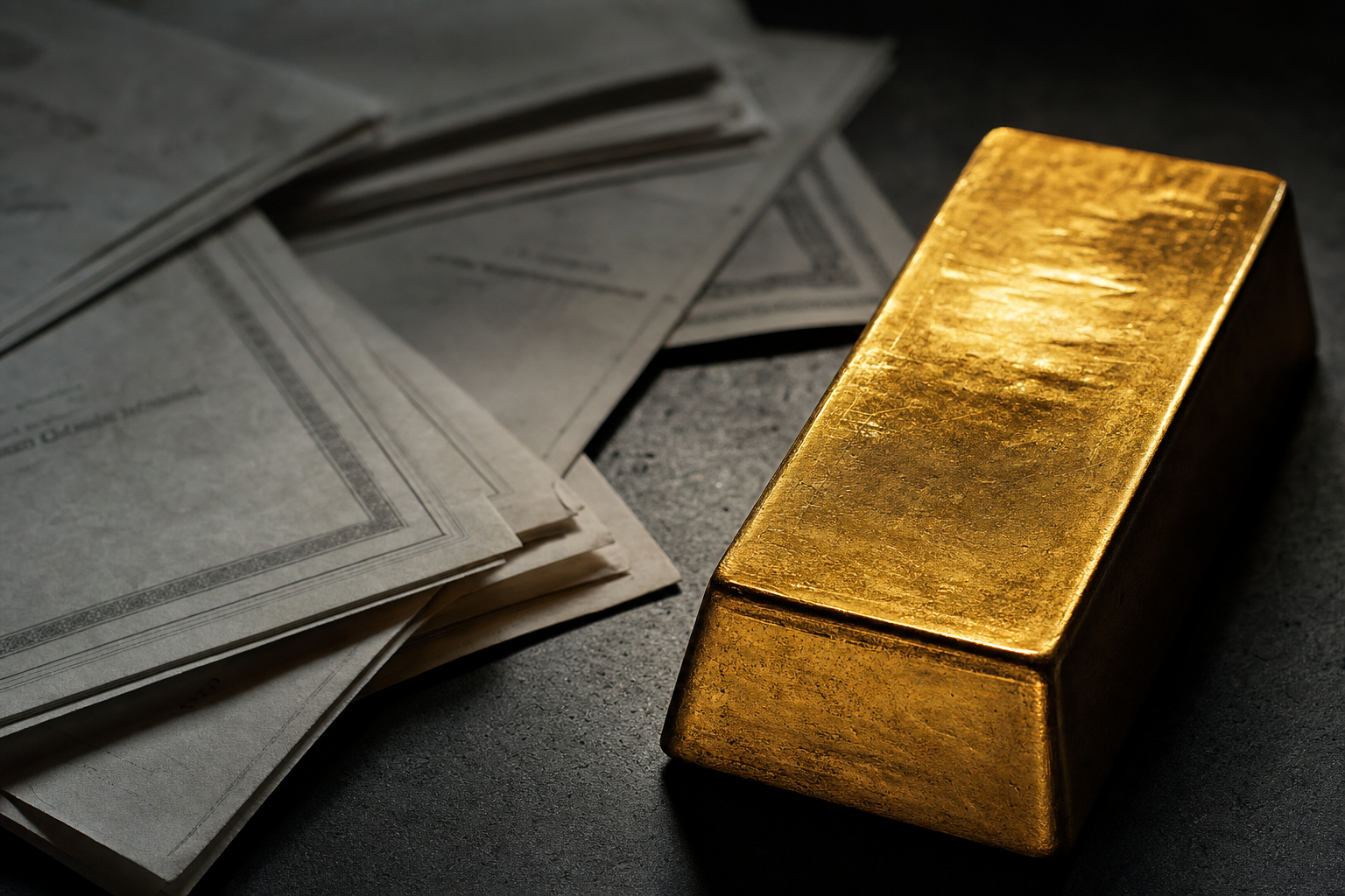 Ein Goldbarren liegt neben einem Stapel blasser Papierdokumente auf dunklem Untergrund