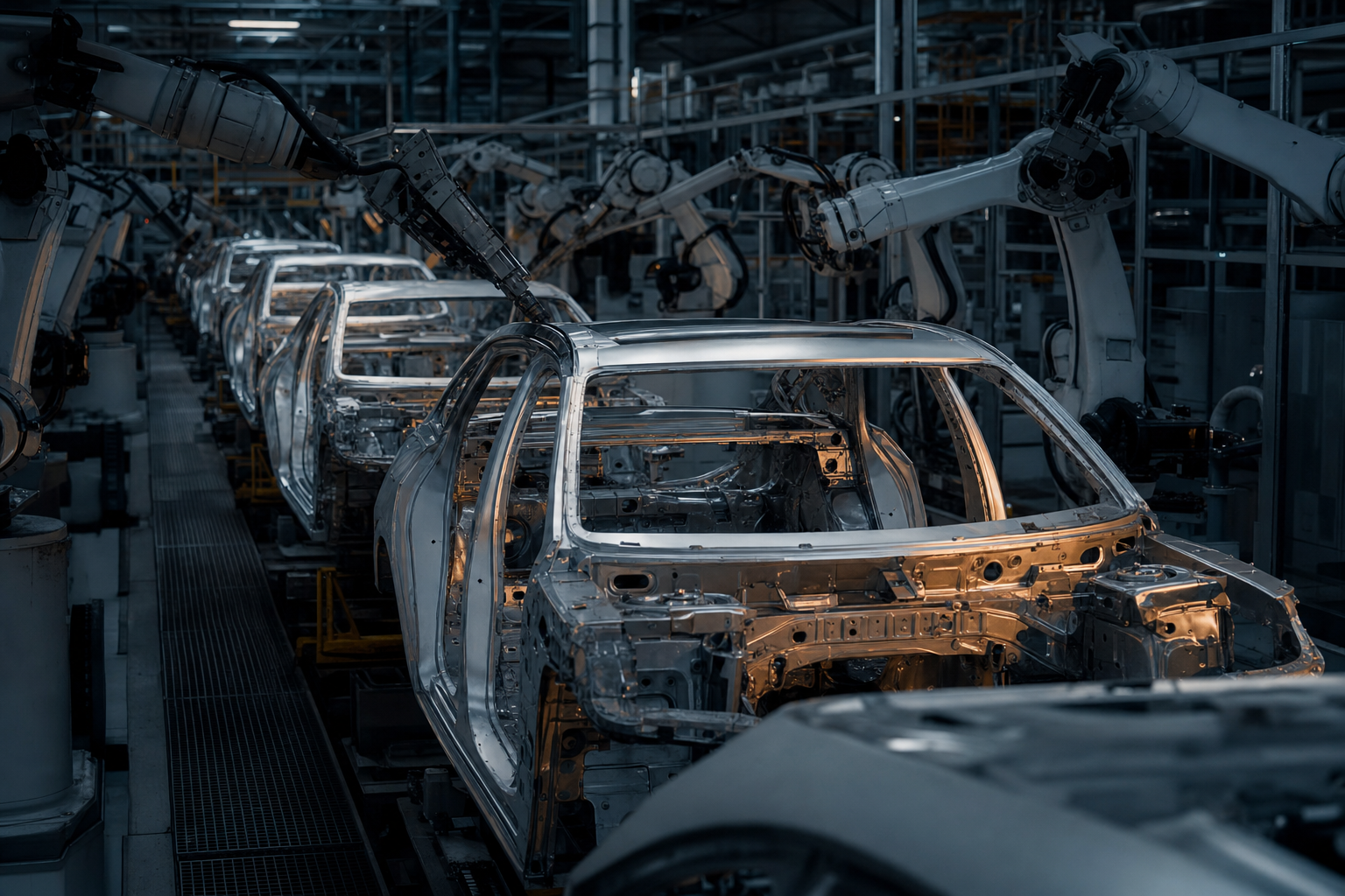 Roboterstraße in einer Automobilfabrik mit Karosserien auf der Fertigungslinie