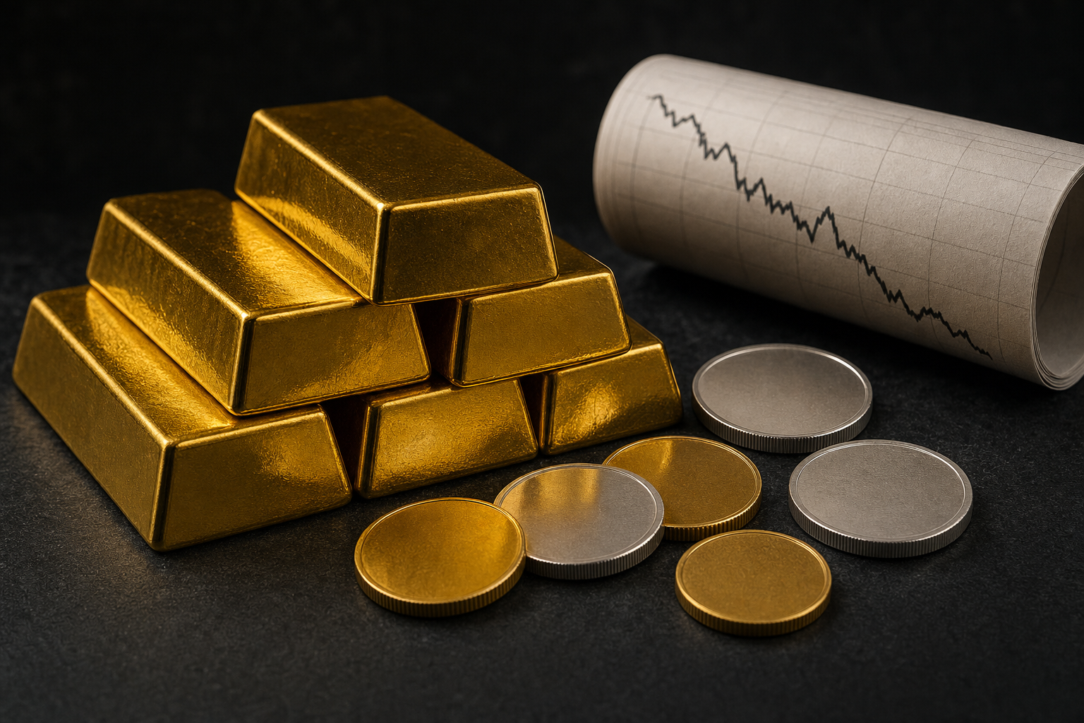 Goldbarren und Anlagemünzen aus Gold und Silber auf dunklem Schiefer