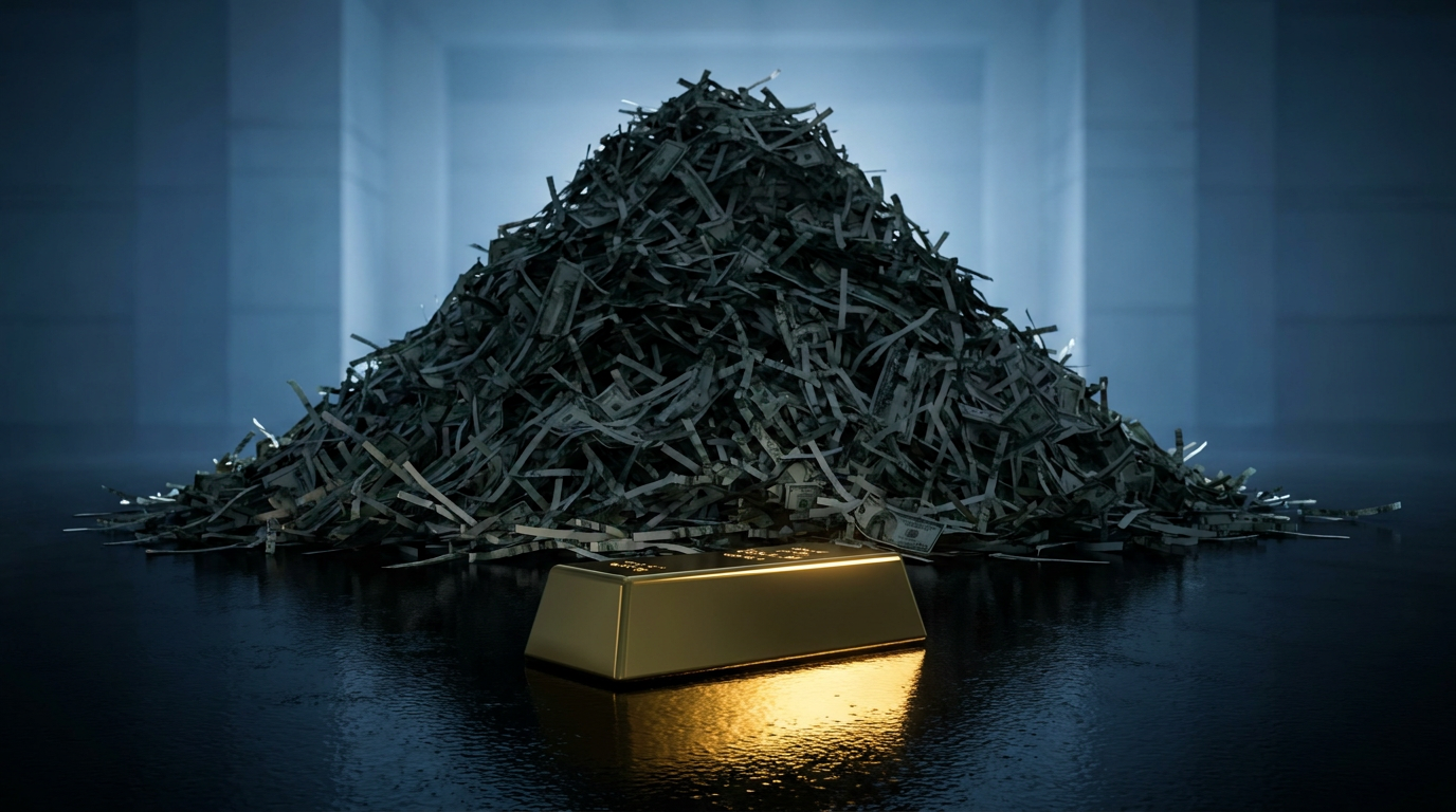 Ein Berg aus zerkleinertem Papiergeld im Schatten, davor ein glänzender Goldbarren