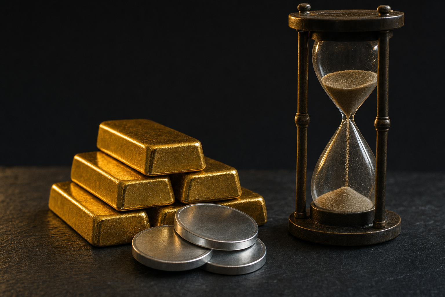 Gestapelte Goldbarren und Silberstücke neben einer Sanduhr auf dunklem Untergrund