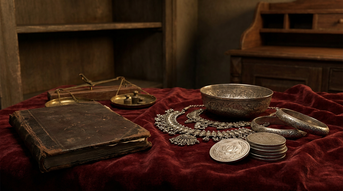 Traditioneller Silberschmuck, Silbergefäße und geprägte Silbermünzen neben einem Kreditbuch