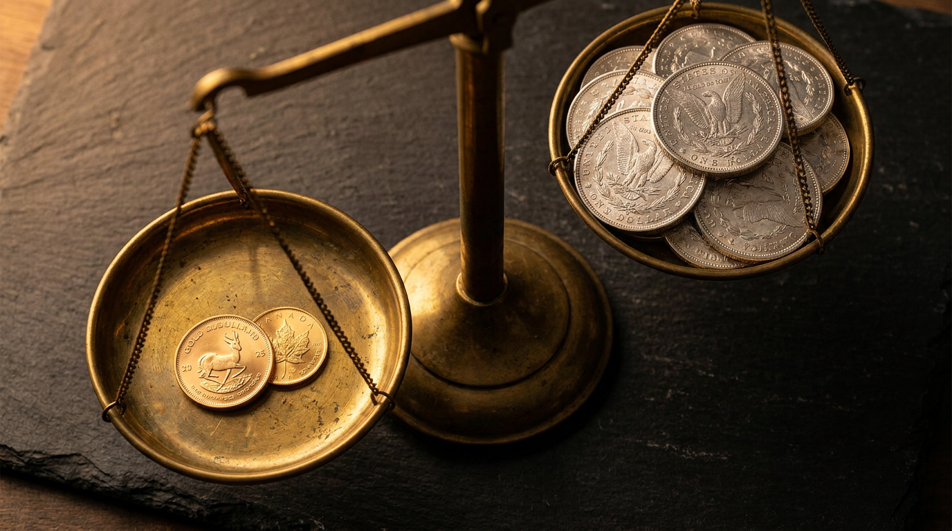 Balkenwaage mit wenigen Goldmünzen auf der einen und einem großen Haufen Silbermünzen auf der anderen Seite