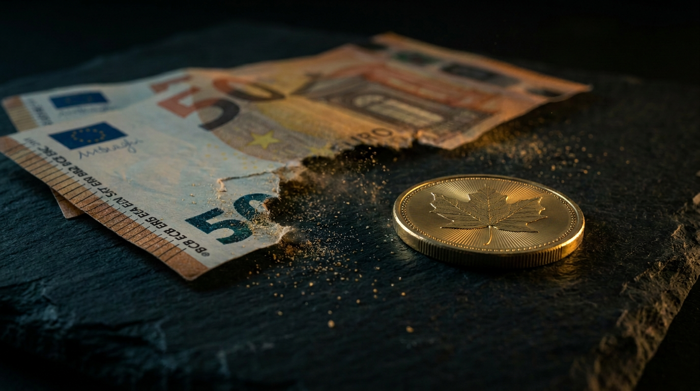 Zerfallende Euro-Banknoten neben einer geprägten Goldmünze mit Blattmotiv auf dunklem Stein