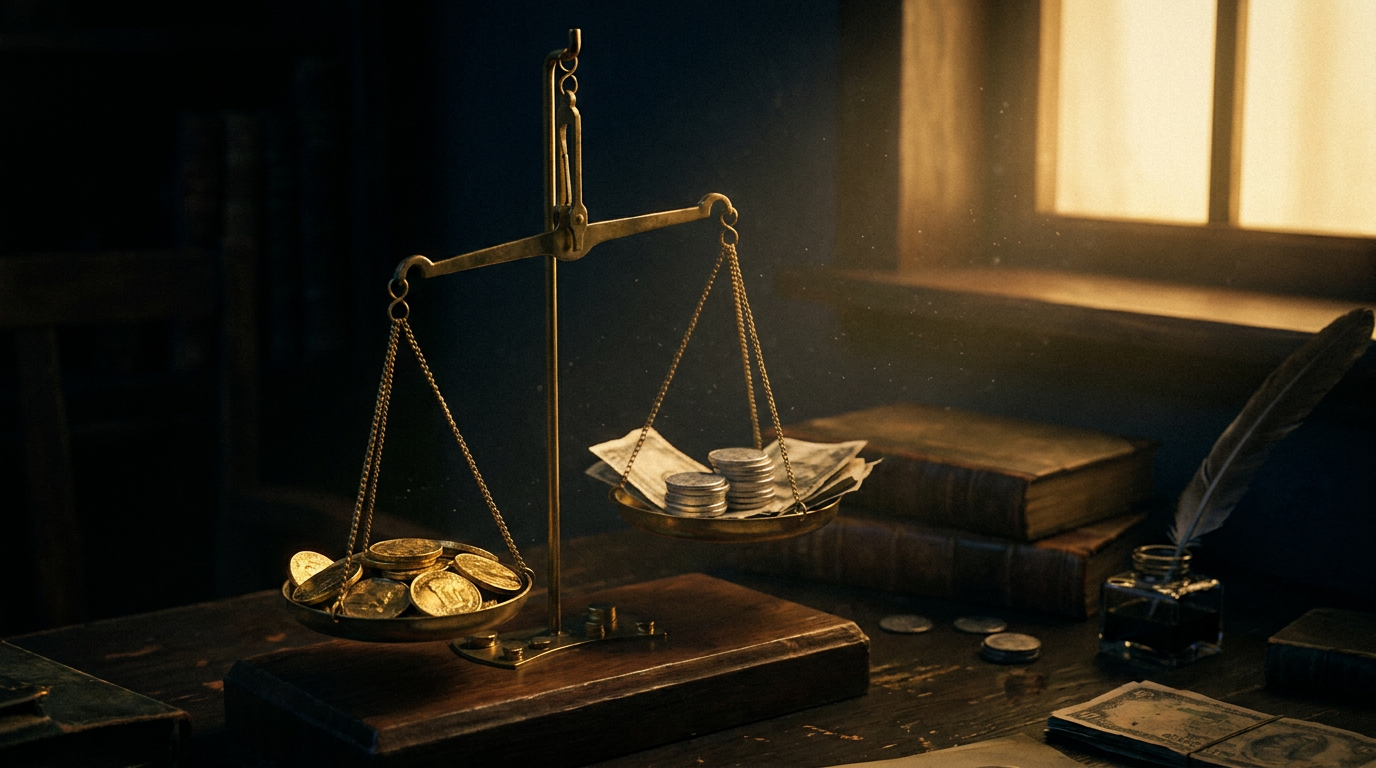 Balkenwaage mit Goldmünzen auf der einen und Papiergeld auf der anderen Waagschale