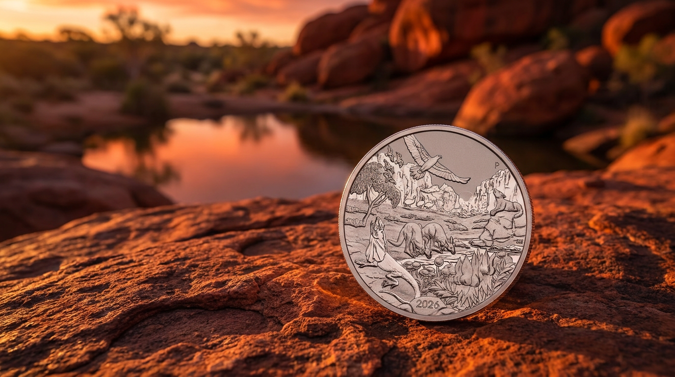 Silberunze Wonders of Australia The Outback 2026 auf rotem Sandstein im australischen Outback bei Sonnenaufgang