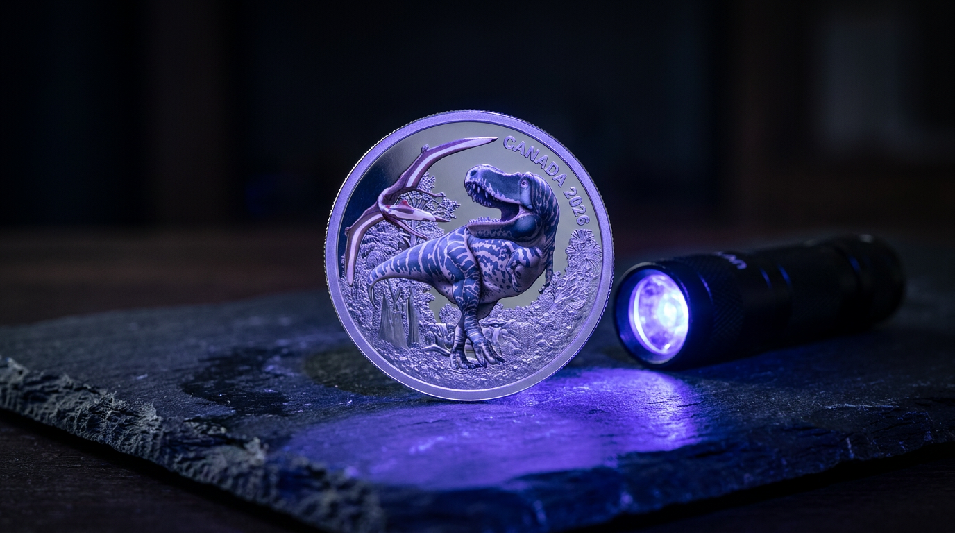 Silbermünze Kanada T-Rex 2026 mit Schwarzlicht-Effekt neben einer kleinen UV-Lampe im violetten Licht