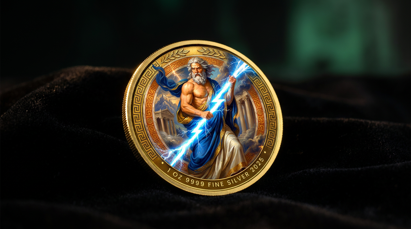 Silbermünze Zeus 2025 mit Glow-in-the-Dark-Partien und Teilvergoldung auf dunklem Samt im Halbdunkel