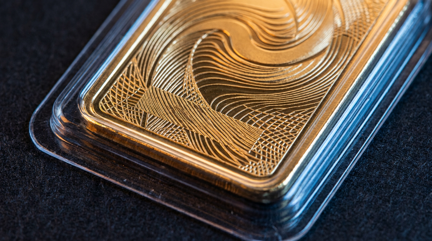 Makroaufnahme eines geprägten Goldbarrens in versiegelter Kunststoffhülle mit sichtbarer Prägung