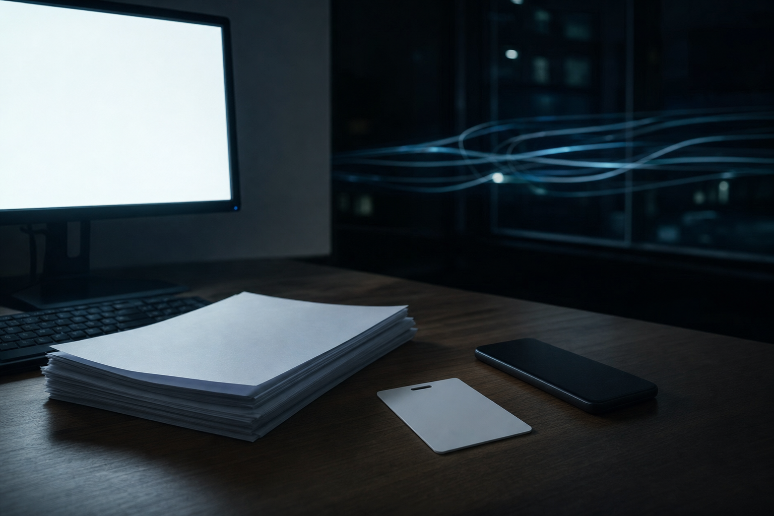 Dunkler Schreibtisch bei Nacht mit Dokumenten, Ausweis und Lichtspuren als Sinnbild für automatisierten Datenaustausch