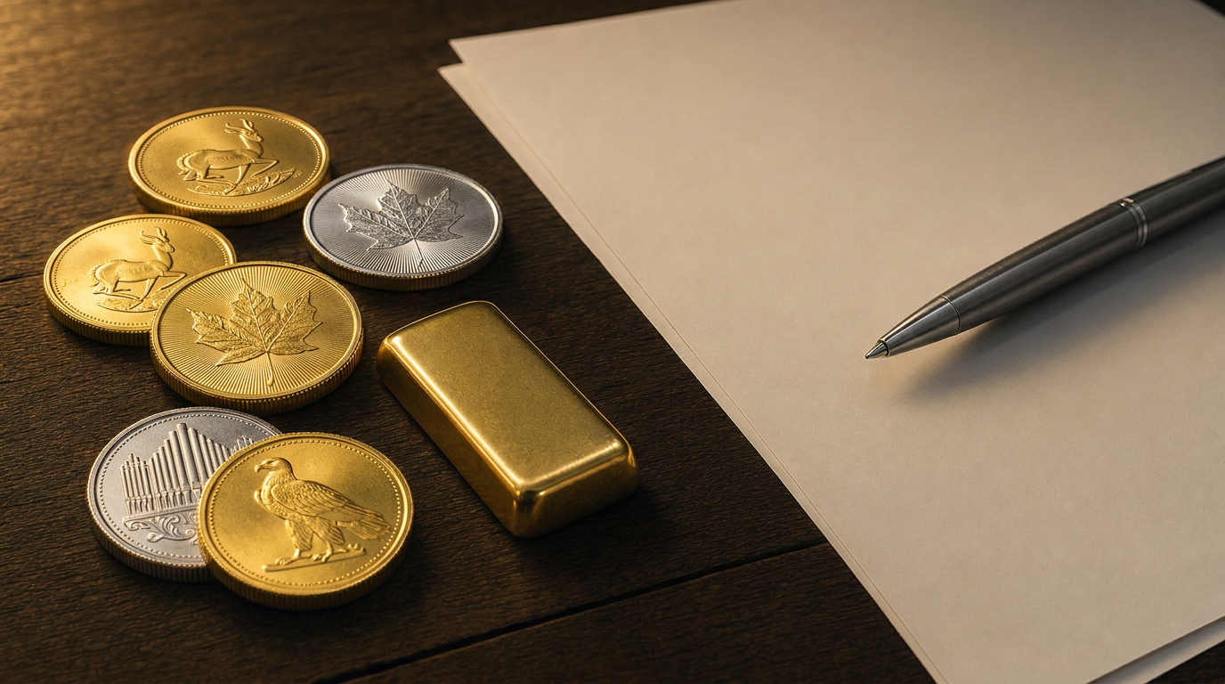 Geprägte Goldmünzen, ein kleiner Goldbarren und ein Kaufbeleg auf einem dunklen Holztisch im warmen Licht