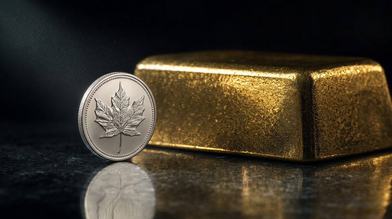 Geprägte Silbermünze im Vordergrund vor einem unscharfen Goldbarren in dunkler Studioumgebung