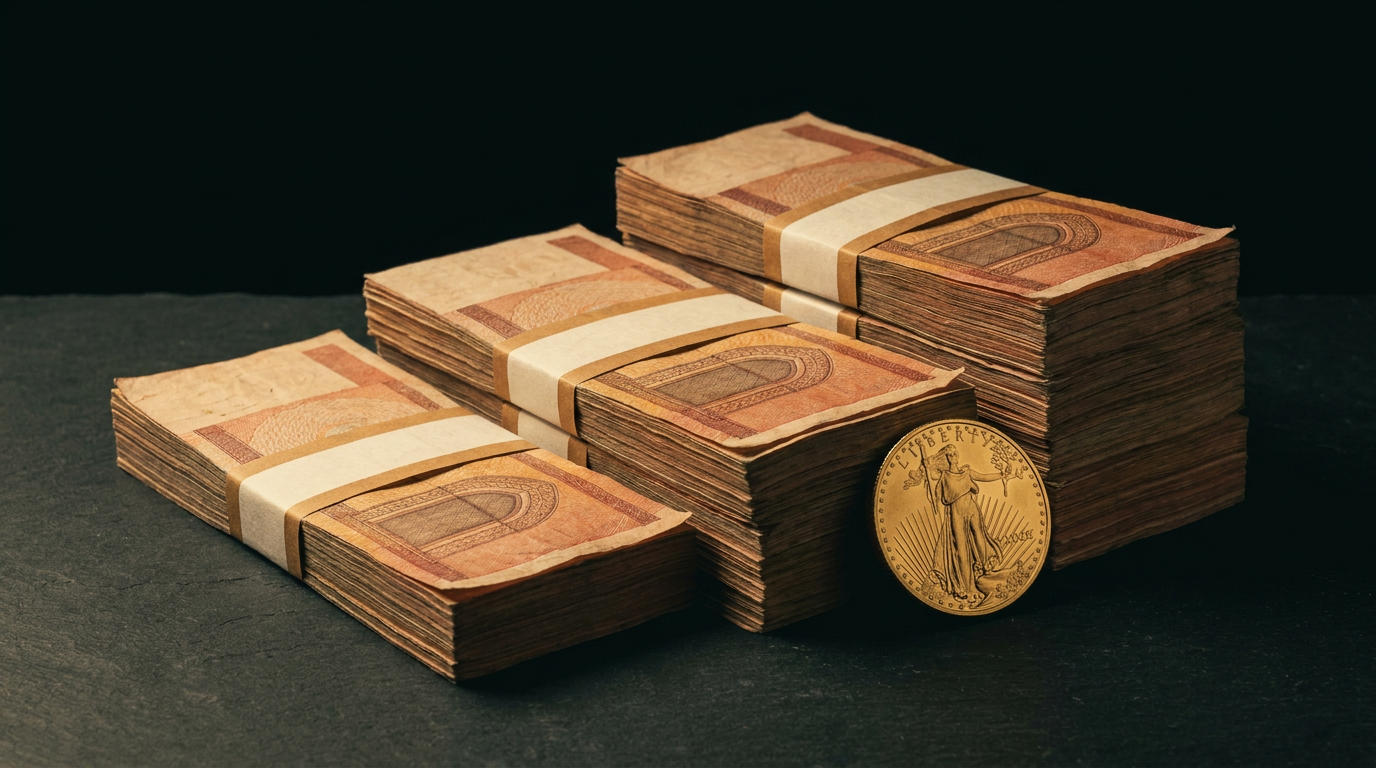 Drei unterschiedlich hohe Stapel gebündelter Banknoten neben einer Goldmünze auf dunkler Steinplatte