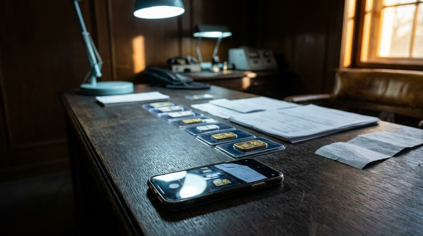 Goldbarren in Blisterkarten und Belege werden vor dem Verpacken mit dem Smartphone fotografiert