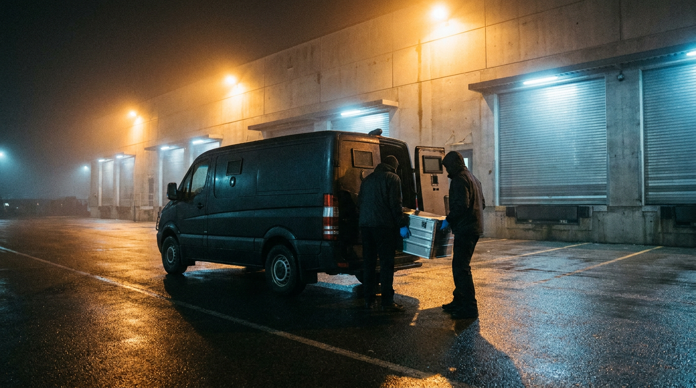 Werttransportfahrzeug bei Nacht vor einem Logistikzentrum mit versiegeltem Metallkoffer