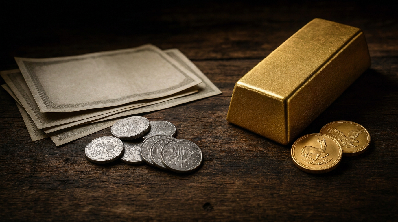 Banknoten und geprägte Münzen neben einem Goldbarren auf dunklem Holz