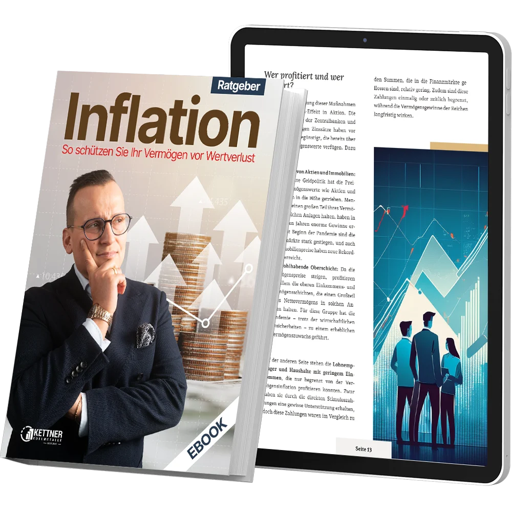 Titelseite und Innenseiten des kostenlosen PDF-Ratgebers Inflationsschutz von Kettner Edelmetalle