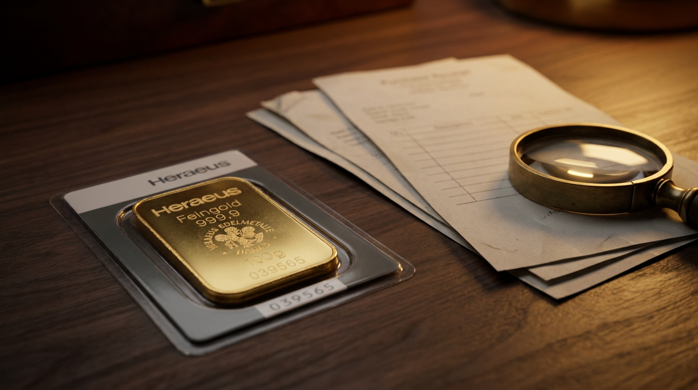 Geprägter 100-Gramm-Goldbarren von Heraeus neben Kaufbelegen und einer Lupe auf dunklem Holztisch