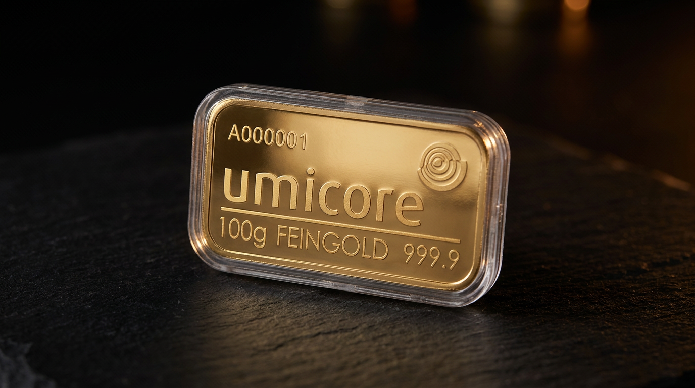100-Gramm-Goldbarren von Umicore im Streiflicht auf dunklem Stein