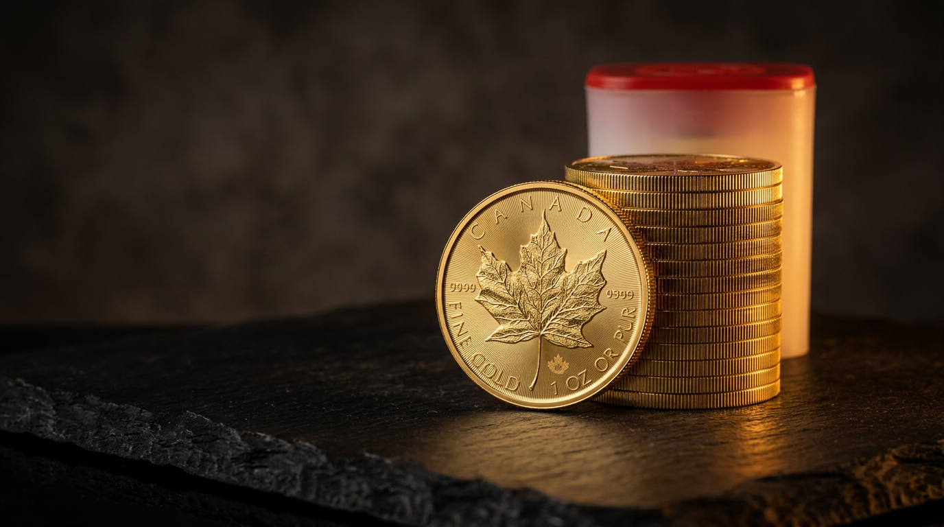 Zehn 1-Unze-Goldmünzen Maple Leaf 2026 mit Münztube auf dunklem Schiefer