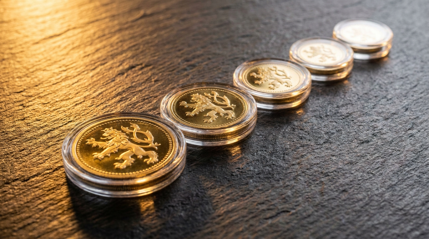 Fünf Goldmünzen unterschiedlicher Größe in Schutzkapseln, jede mit dem Relief eines gekrönten Löwen mit Doppelschwanz