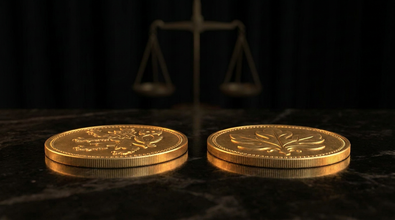 Zwei geprägte Goldmünzen mit unterschiedlichen Reliefmotiven nebeneinander auf dunklem Untergrund