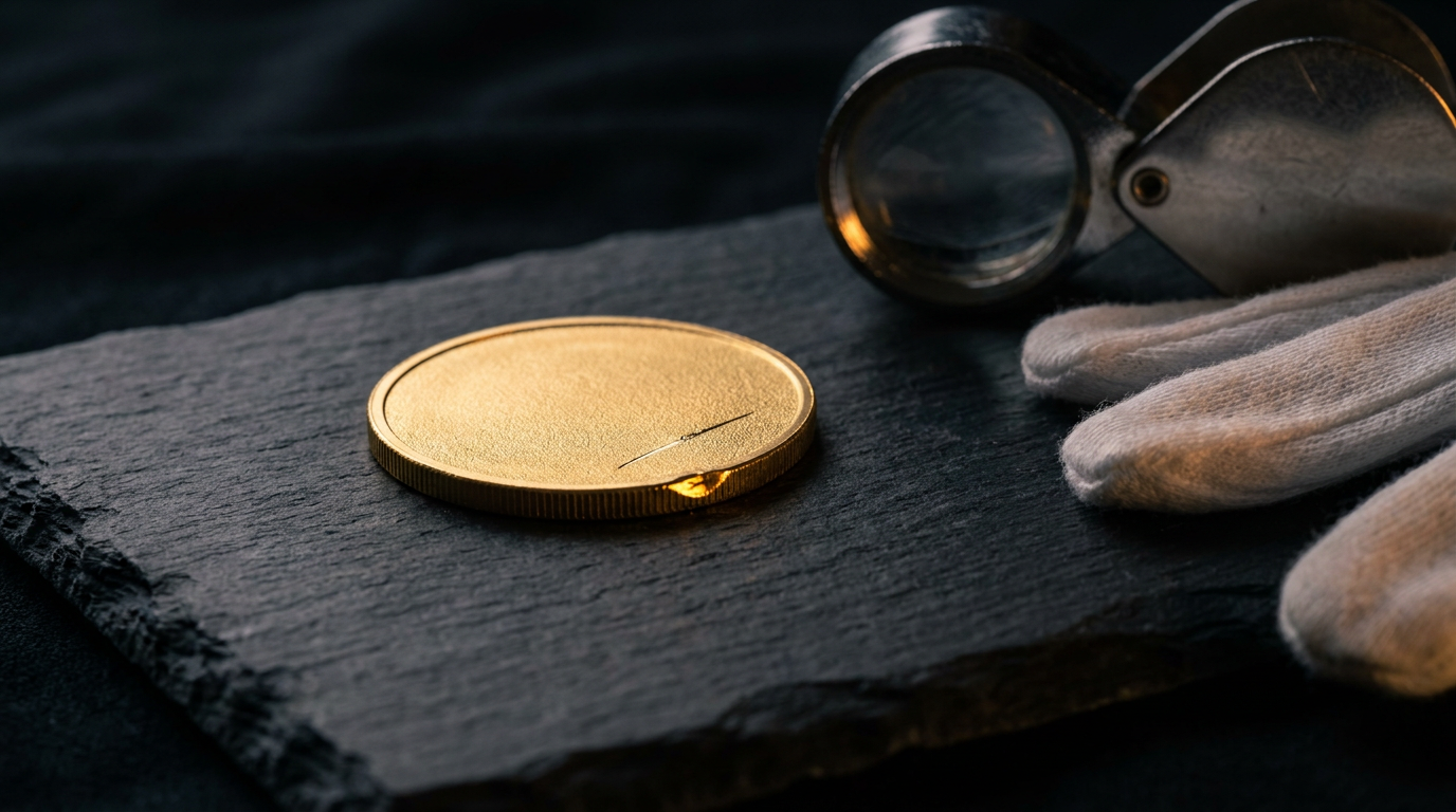 Goldmünze mit feinem Kratzer und Randstoß auf dunklem Untergrund, daneben Lupe und Handschuhe