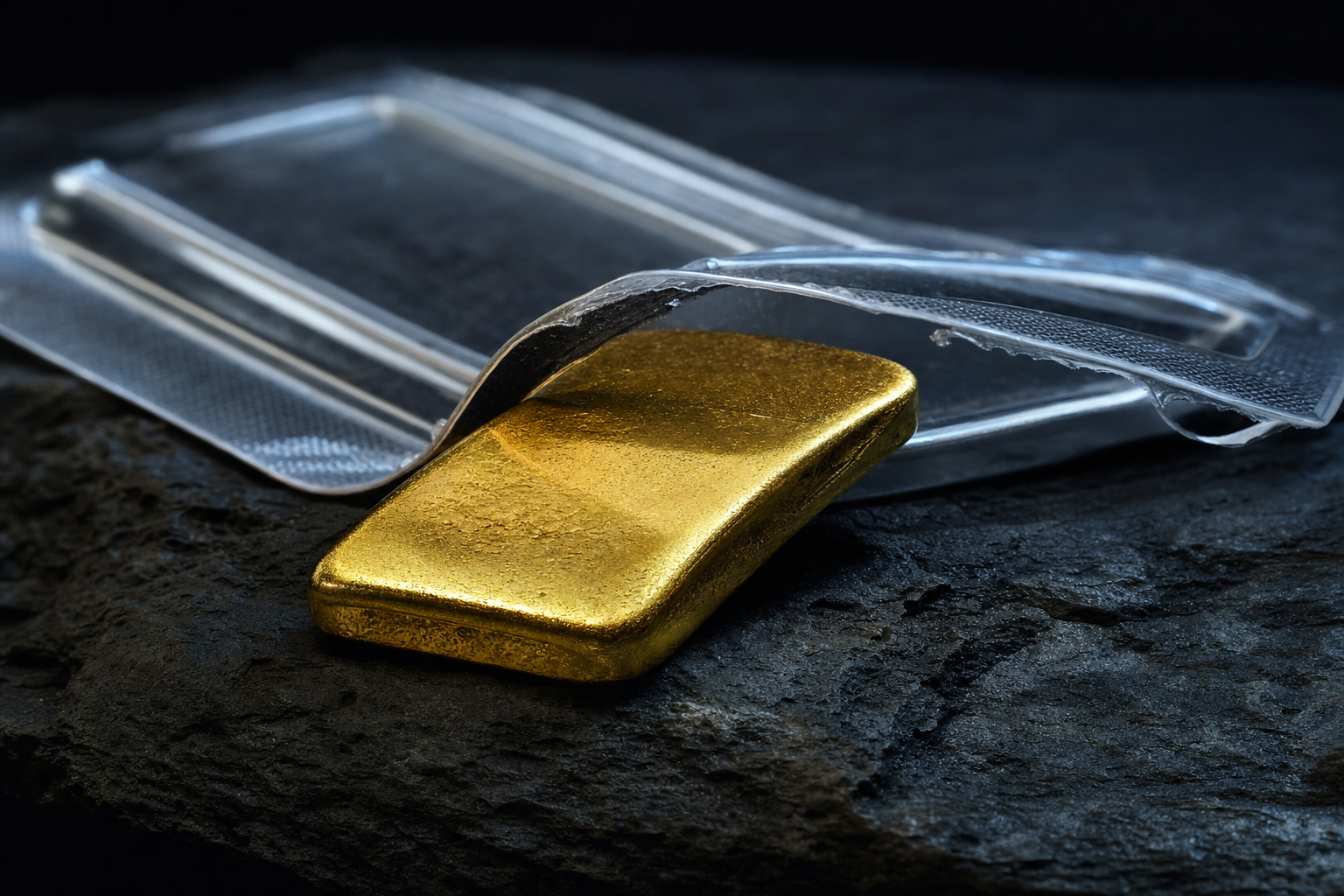 Leicht verbogener kleiner Goldbarren neben einer aufgeschnittenen Blisterverpackung