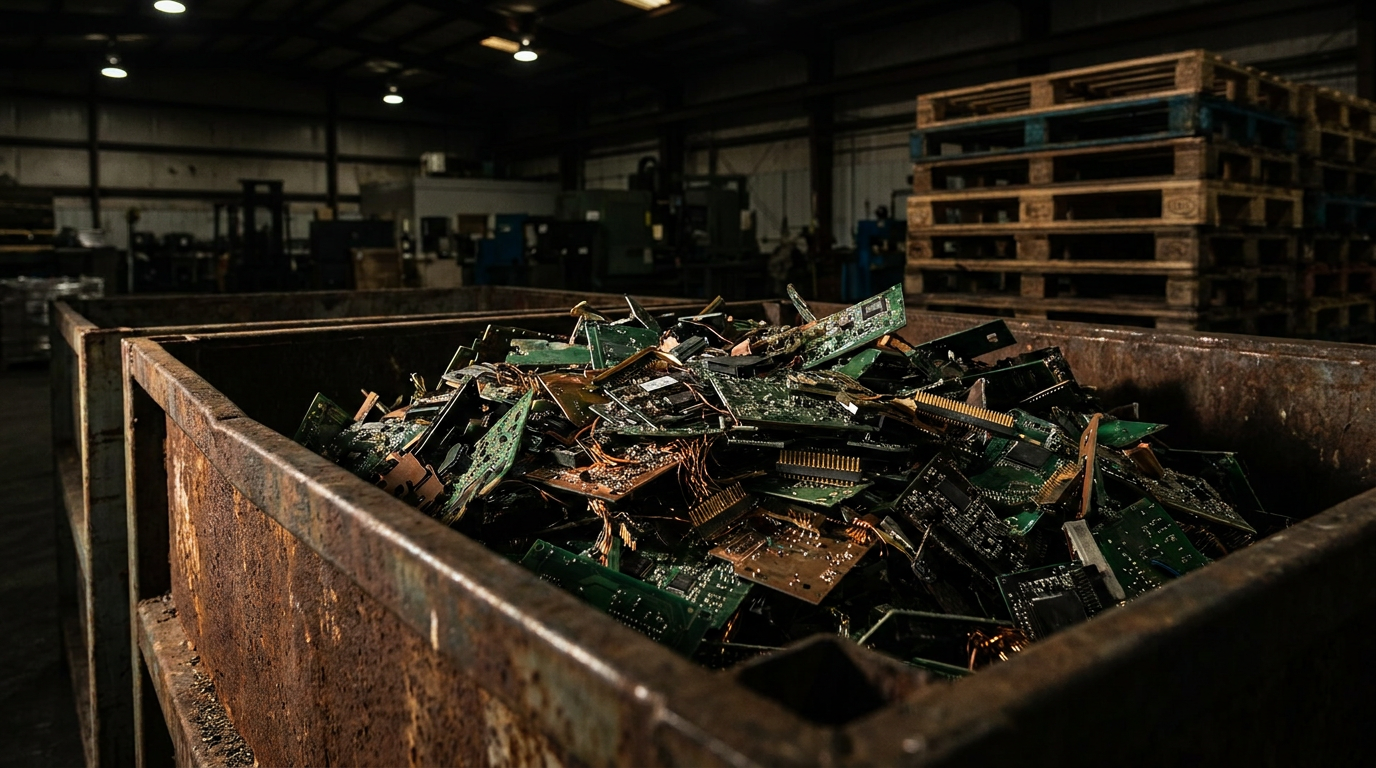 Zerkleinerte Leiterplattenfragmente in einem Metallcontainer eines Recyclingbetriebs