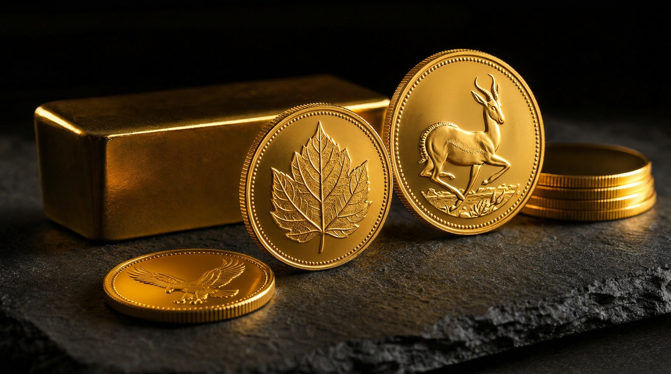 Goldmünzen mit Tier- und Blattmotiven neben einem kleinen Goldbarren auf dunklem Schiefer