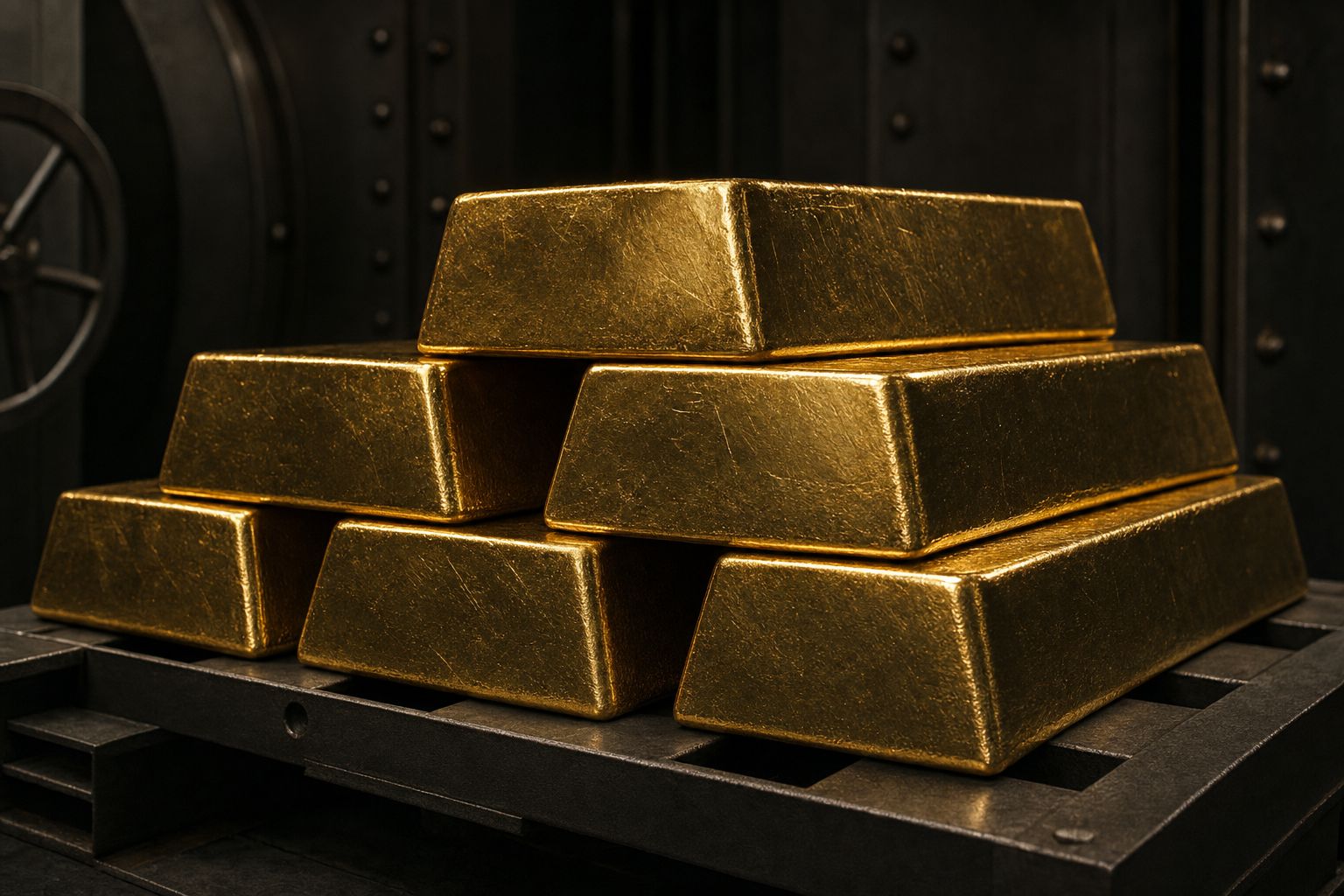 Gestapelte Goldbarren auf einer Stahlpalette in einem abgedunkelten Tresorraum