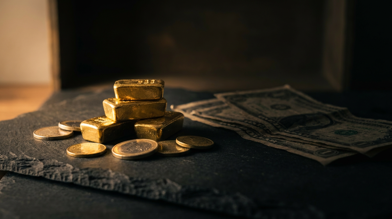 Goldbarren und Gold- sowie Silbermünzen neben Banknoten im warmen Streiflicht