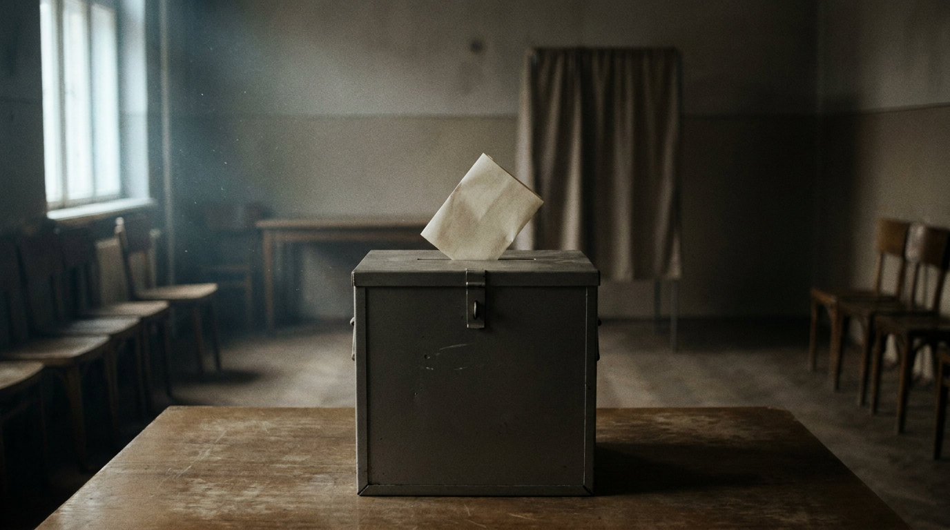 Graue Wahlurne in einem leeren, dämmrigen Wahlraum