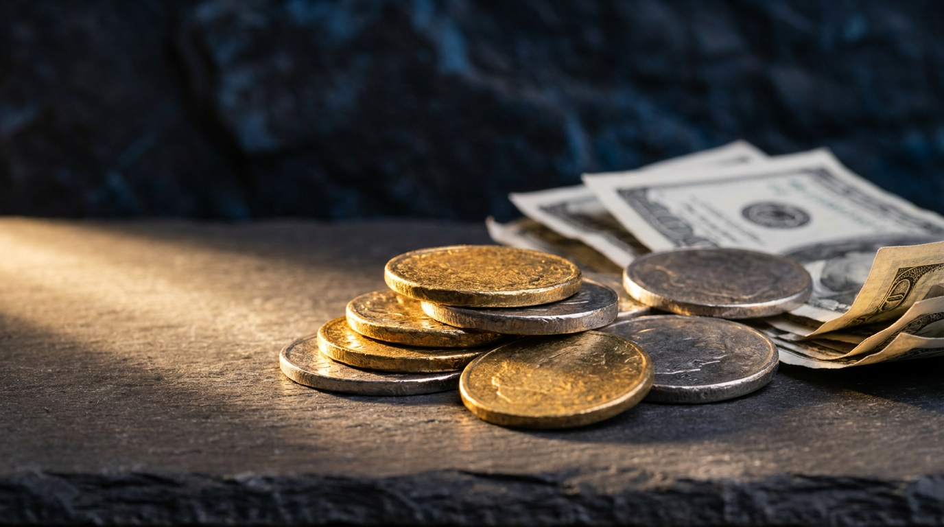 Gold- und Silbermünzen neben zerknüllten Geldscheinen auf dunklem Schiefer