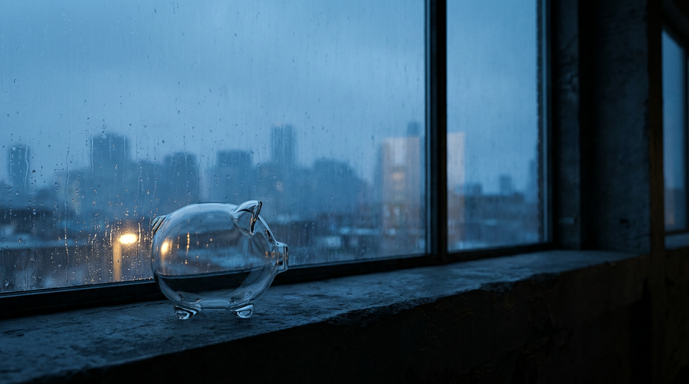 Leeres gläsernes Sparschwein auf einer Fensterbank im Dämmerlicht