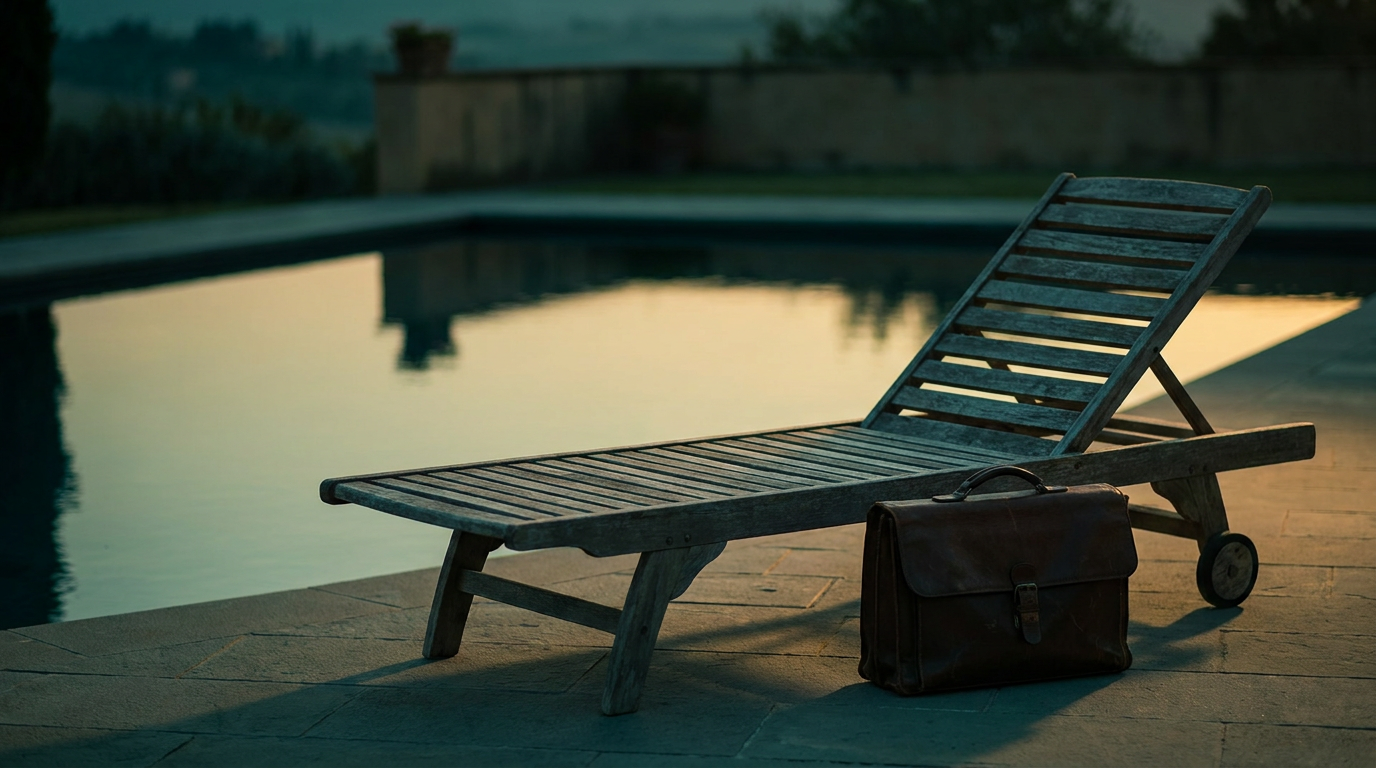 Leerer Liegestuhl am Pool, daneben eine geschlossene Aktentasche im Abendlicht